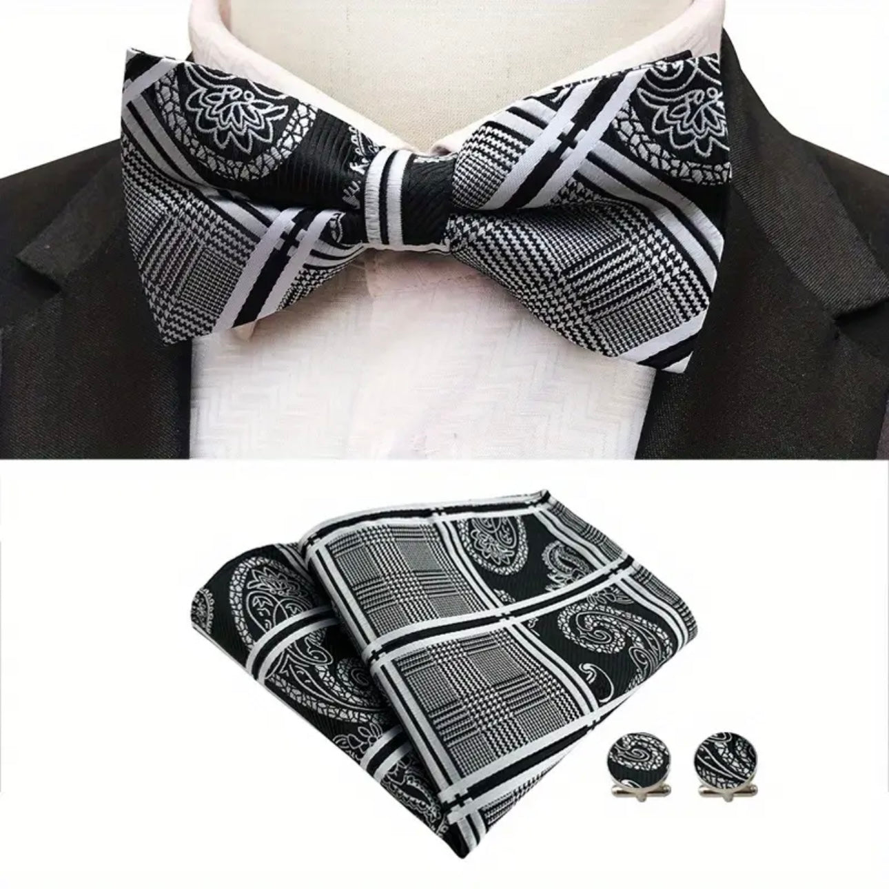 Black Paisley Plaid Bowtie Set