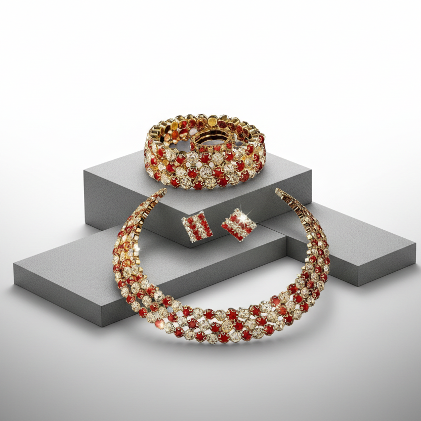 Jewelry set with necklace, bracelet, and ring on a gray platform