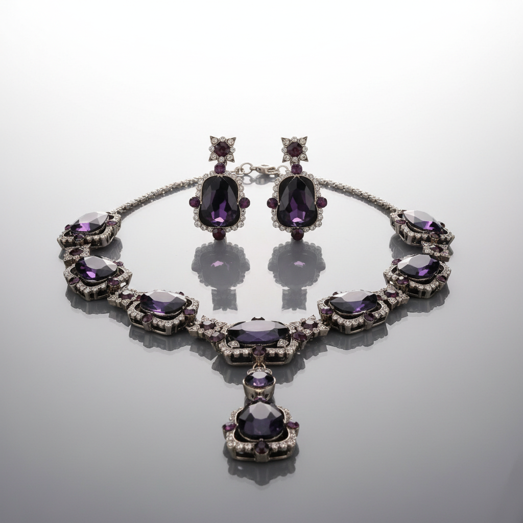 Jewelry set with necklace and earrings featuring purple gemstones on a gray background