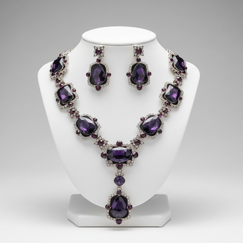 Jewelry set with purple gemstones on a white mannequin bust against a gray background
