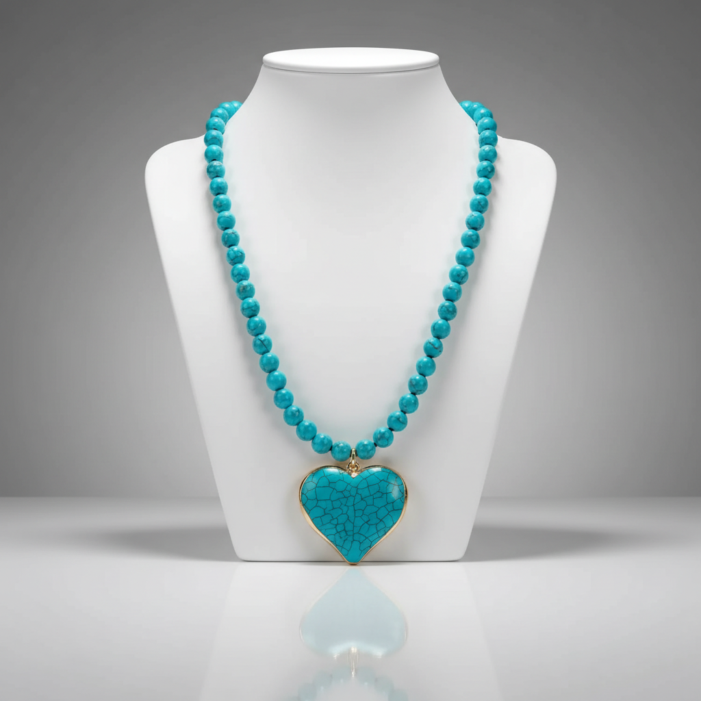 Turquoise Heart Cross Pendant Long Beaded Necklace