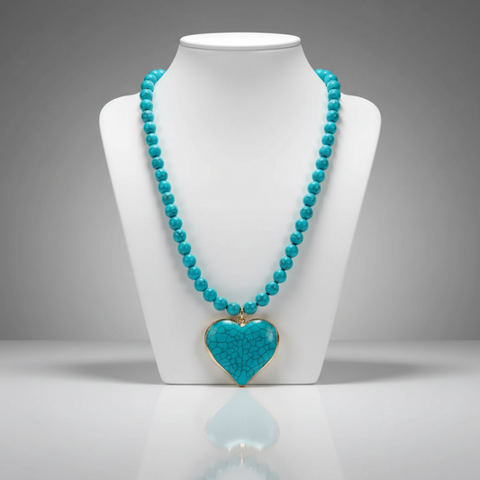Turquoise Heart Cross Pendant Long Beaded Necklace