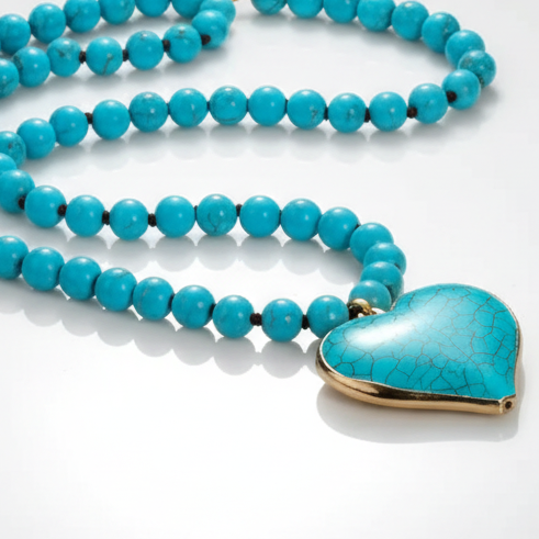 Turquoise Heart Cross Pendant Long Beaded Necklace