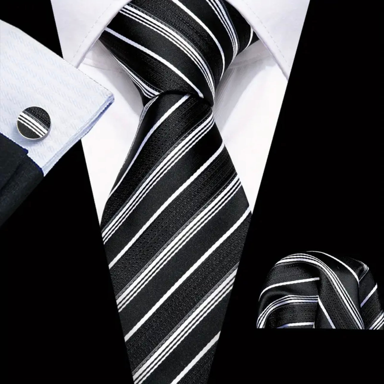 Black White Stripe Necktie Set