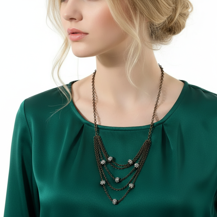 Woman wearing a green top and a layered necklace with a white background
