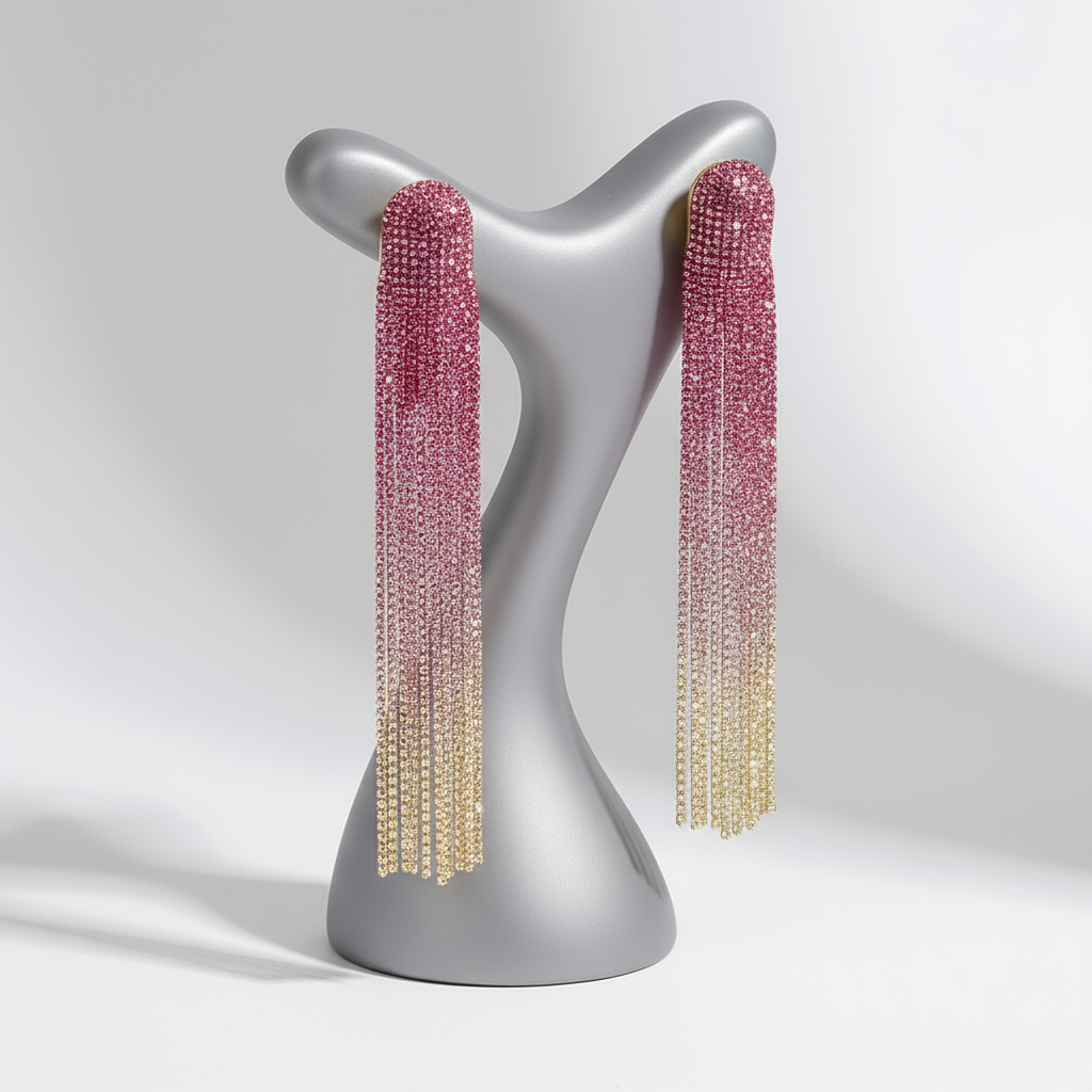 Purple and gold tassel earrings on a silver mannequin bust against a white background