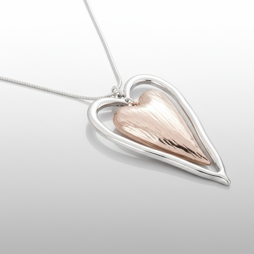 Rose Gold Silver Heart Long Necklace