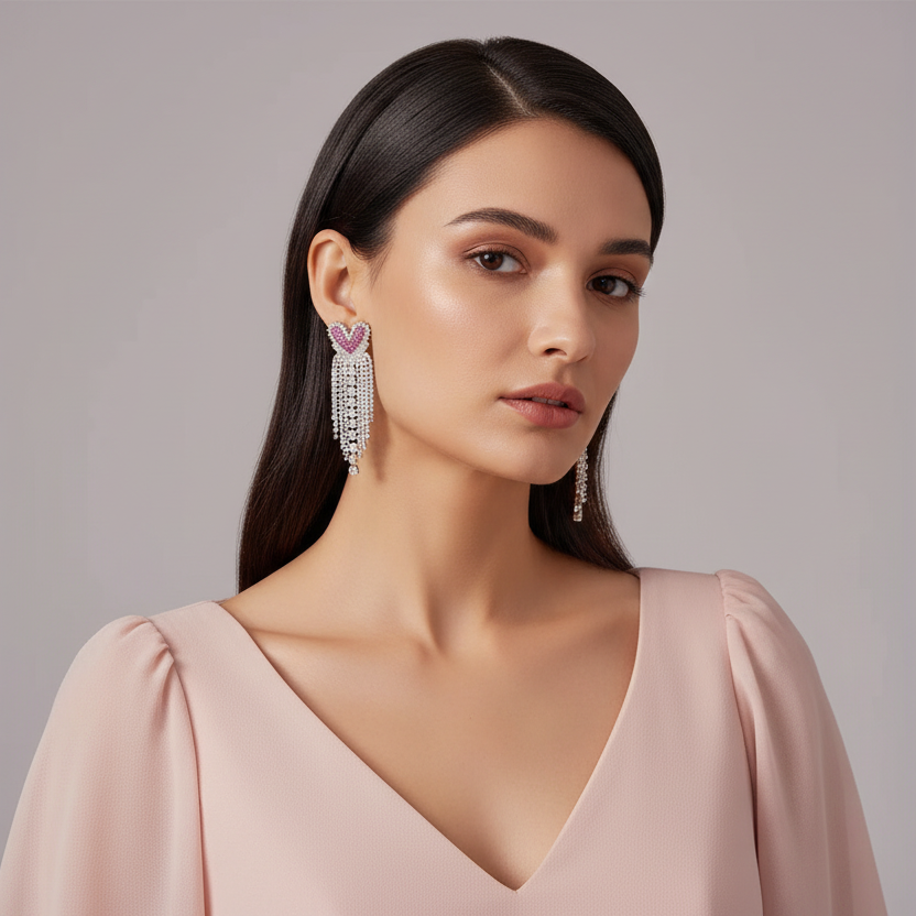 Pink Heart Tassel Earrings