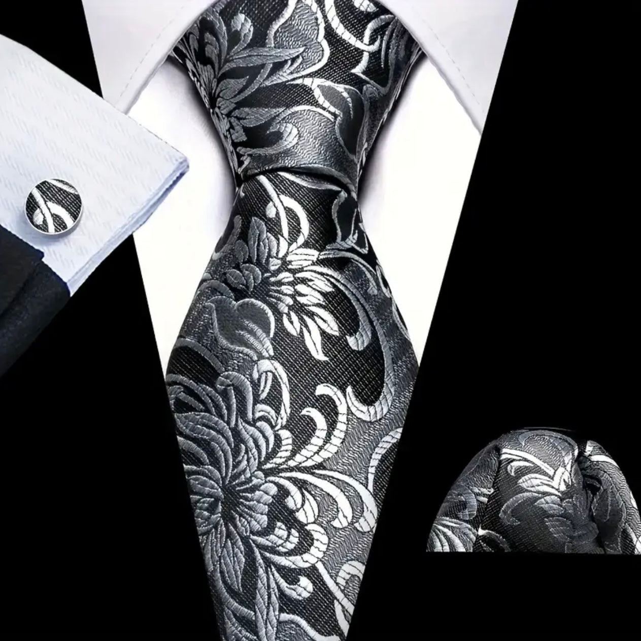 Silver Black Necktie Set