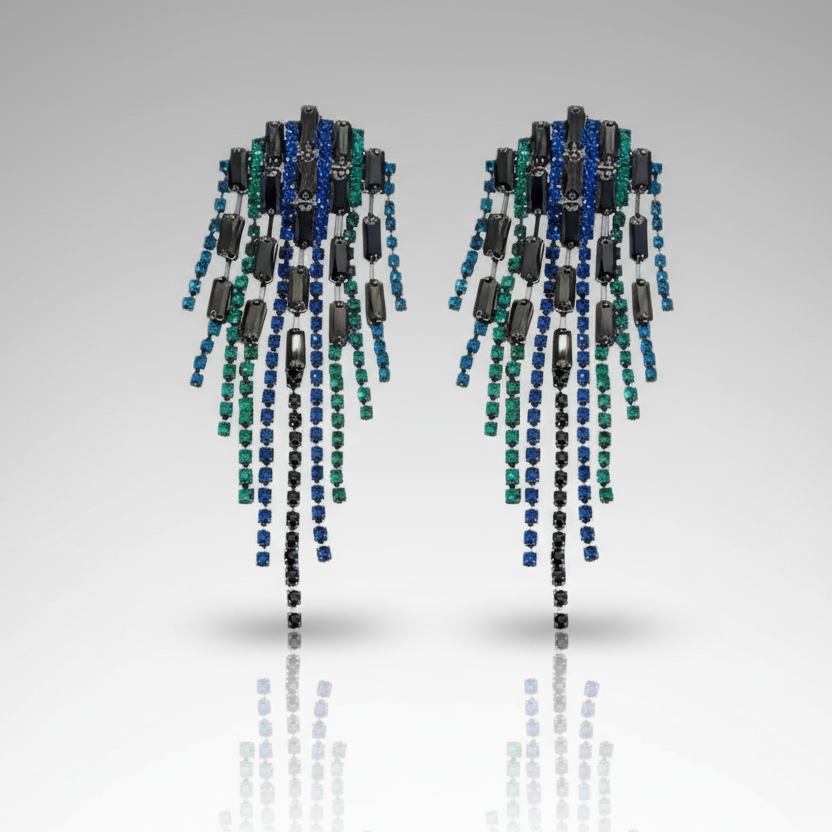 Peacock Hexagon Tassel Earrings