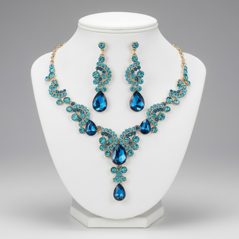 Blue gemstone necklace and earrings on a gray background
