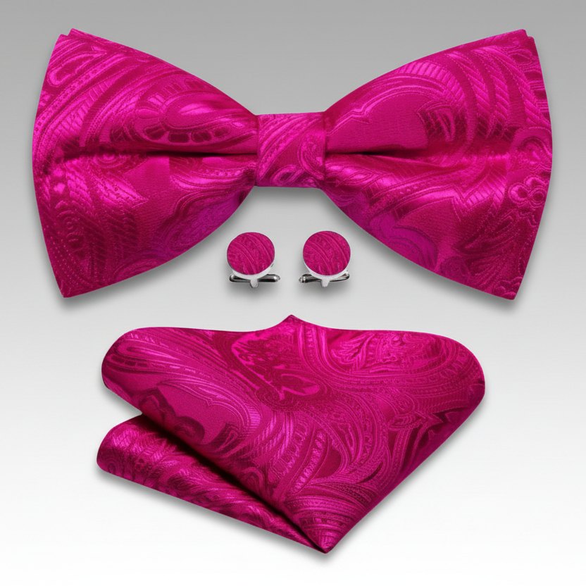 Pink bow tie, pocket square, and cufflinks set on a light gray background