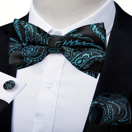 Peacock Blue Metallic Black Bowtie Set