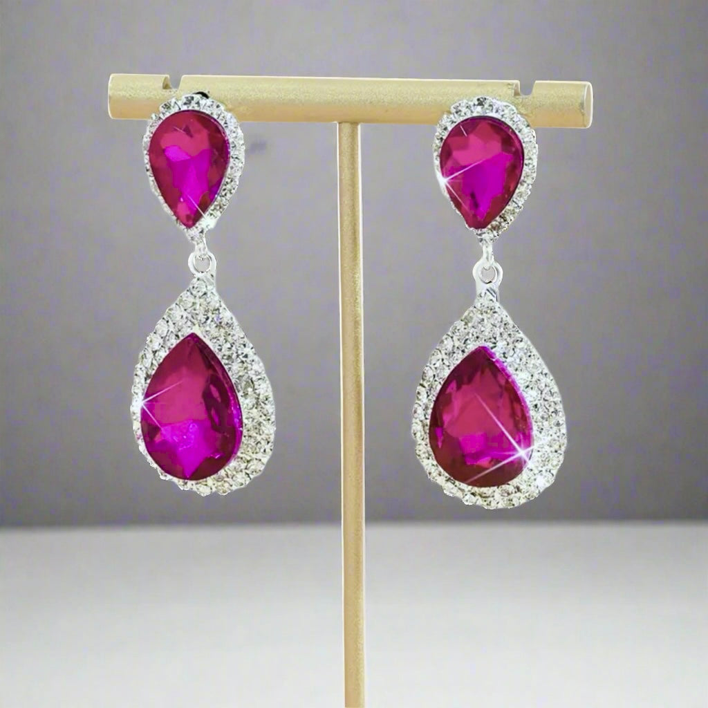 Pink Clear Silver Earrings