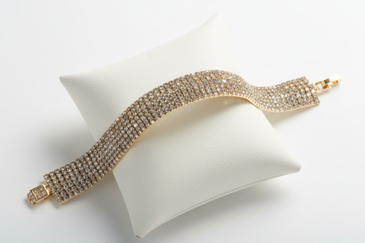 Gold bracelet with clear stones on a white cushion