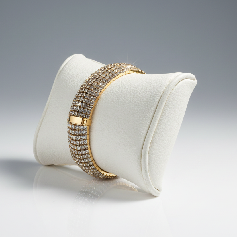 Gold bracelet with crystals on a white cushion against a gray background
