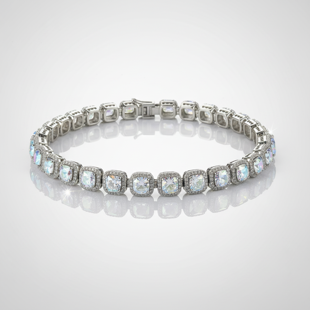 Bracelet with iridescent stones on a reflective surface with a light gray background
