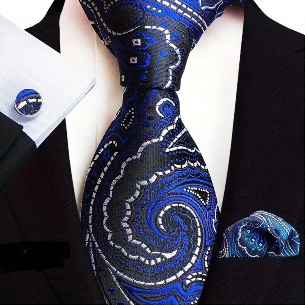 Blue Black Paisley Necktie Set