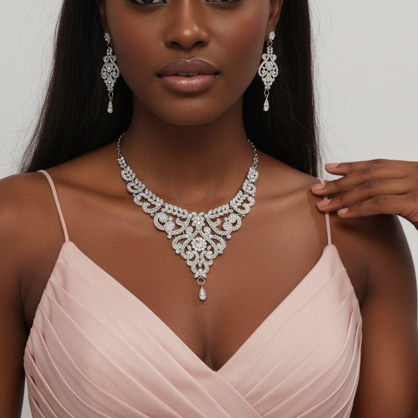 Woman wearing a sparkling necklace and earrings against a neutral background