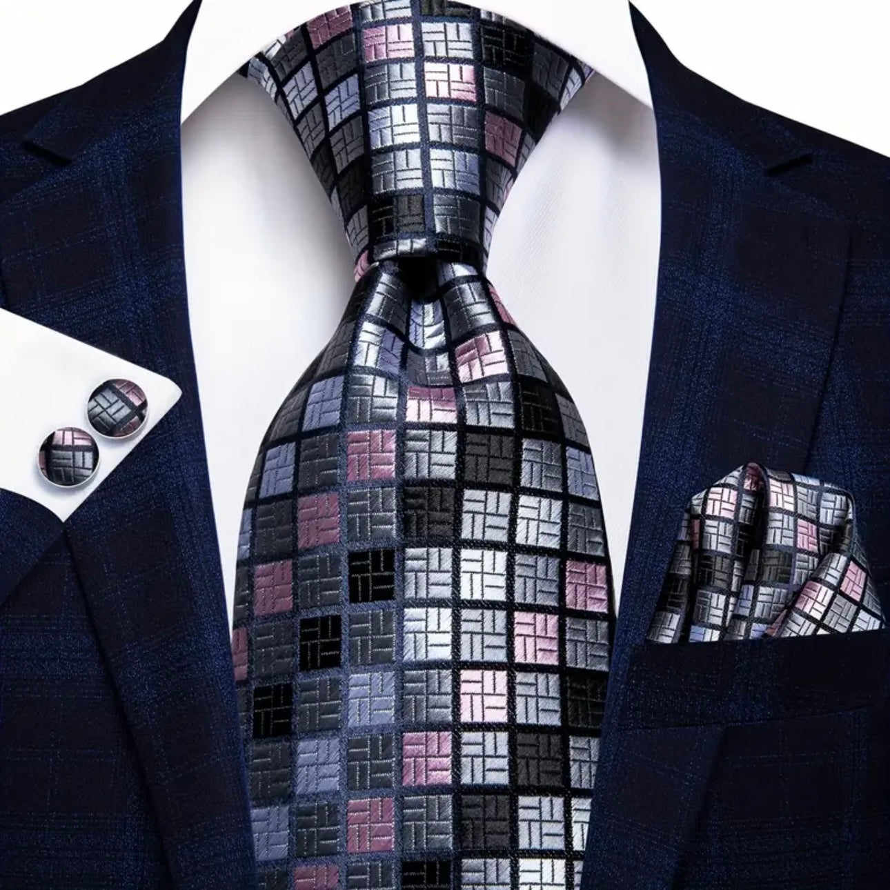 Pink Black Contemporary Grids Necktie Set