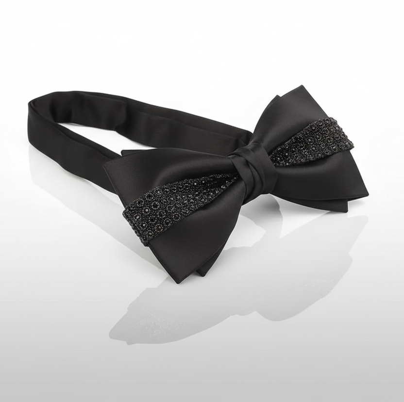 Black Rhinestone Satin Bow Tie