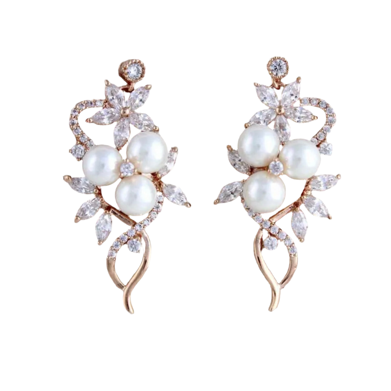 Pearl Rhinestone Rose Gold Flower Earrings