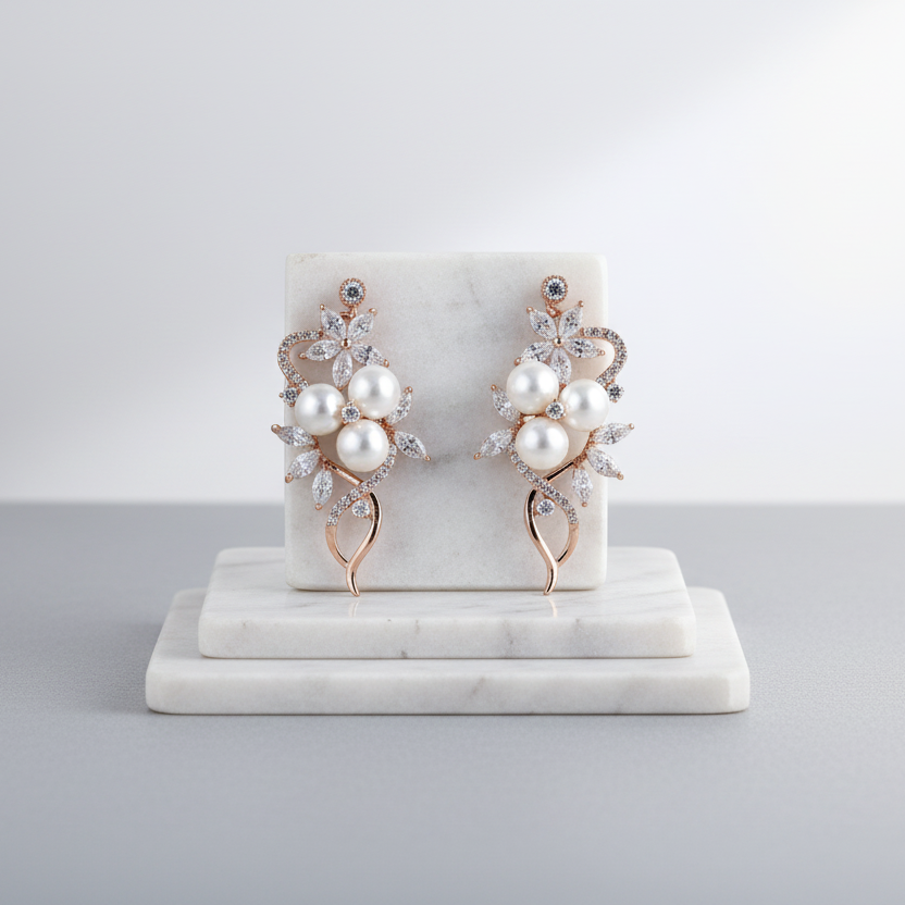 Pearl Rhinestone Rose Gold Flower Earrings