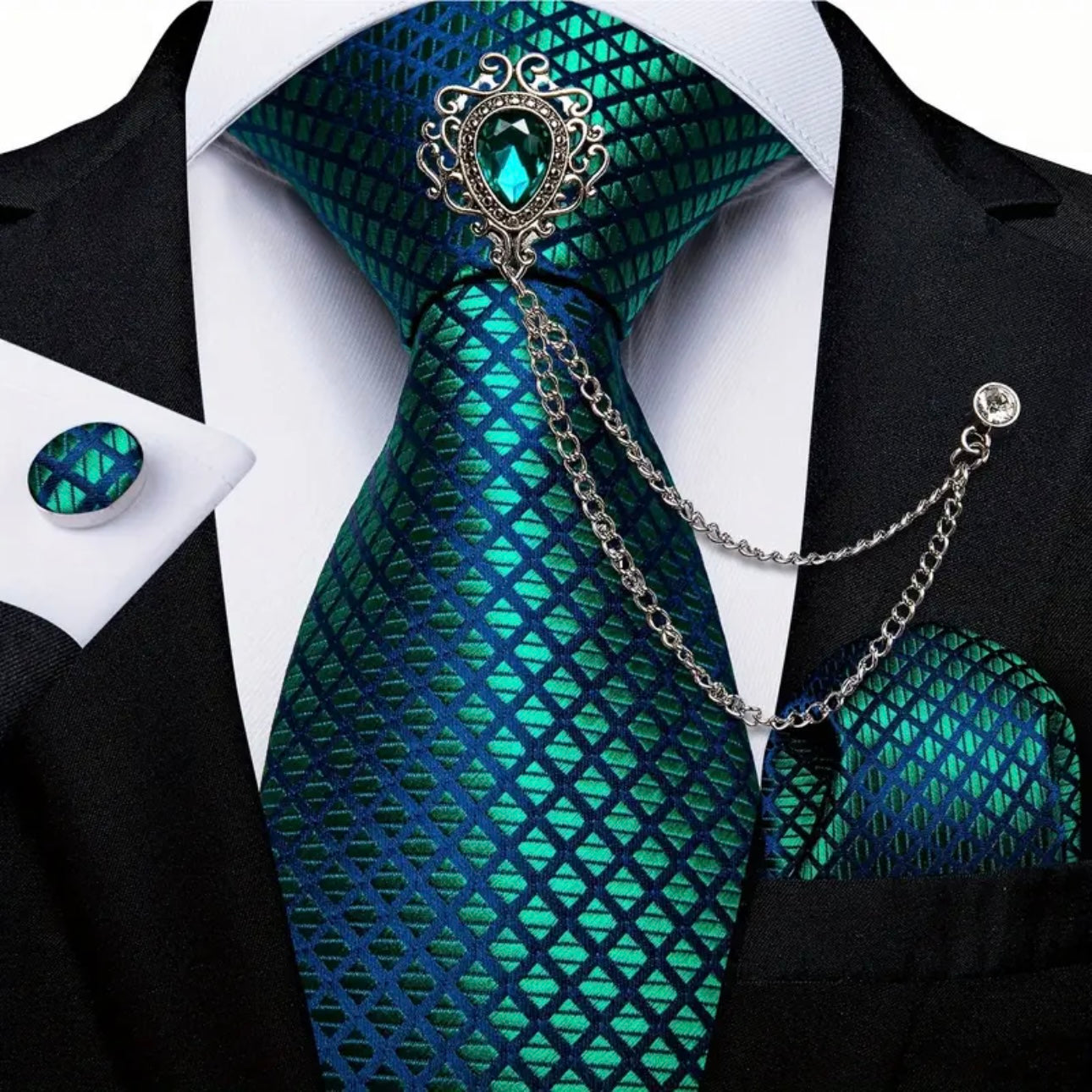 Green Blue Grid Necktie Set