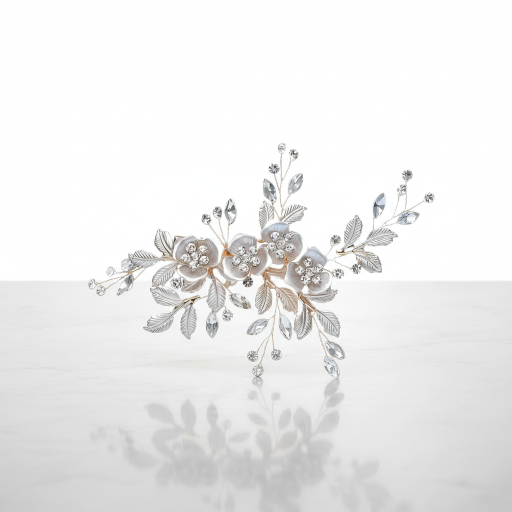 Decorative floral hairpiece with crystals on a white background