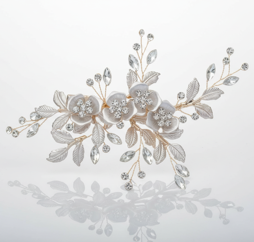 Decorative floral hairpiece with crystals on a light gray background