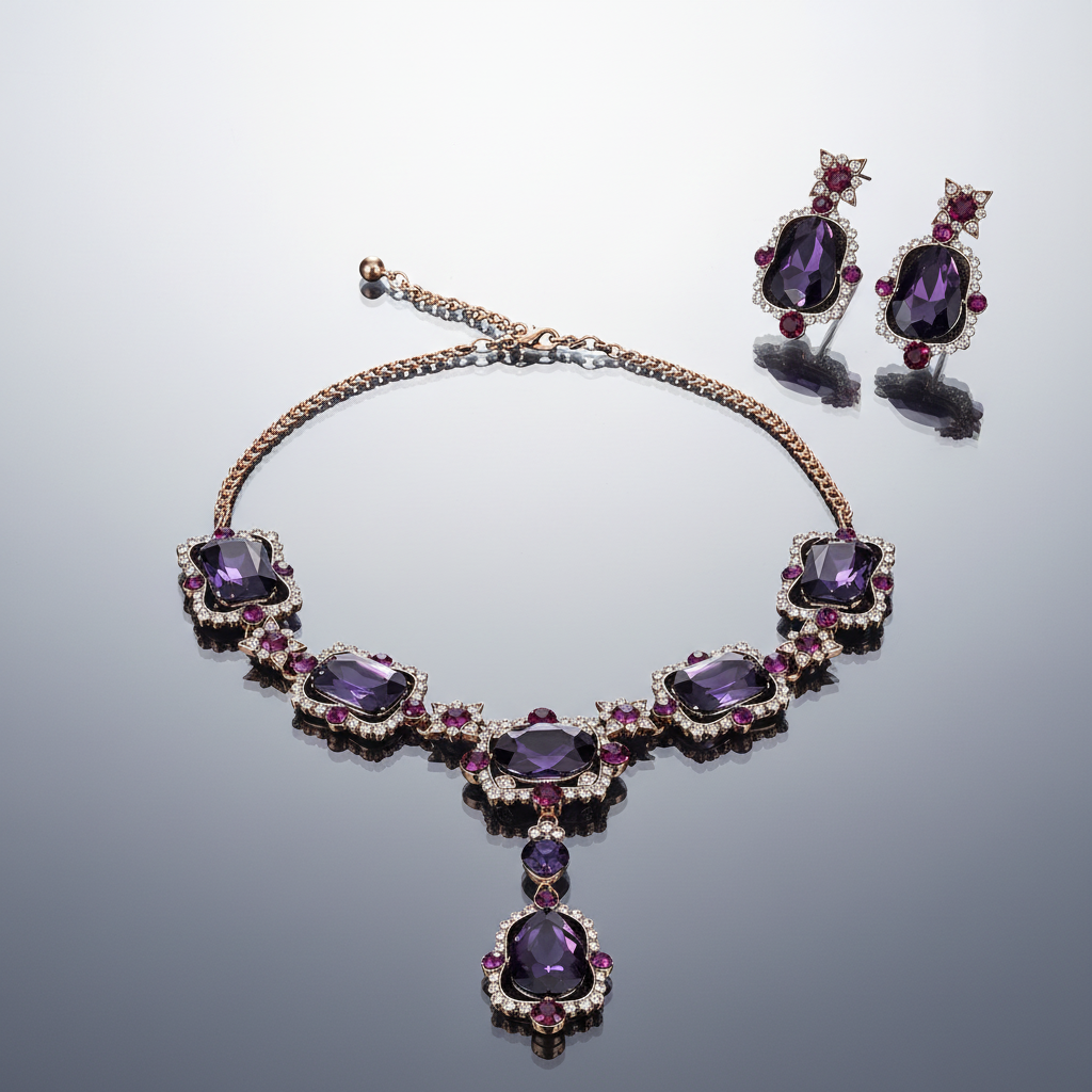Purple gemstone necklace and earrings on a reflective surface