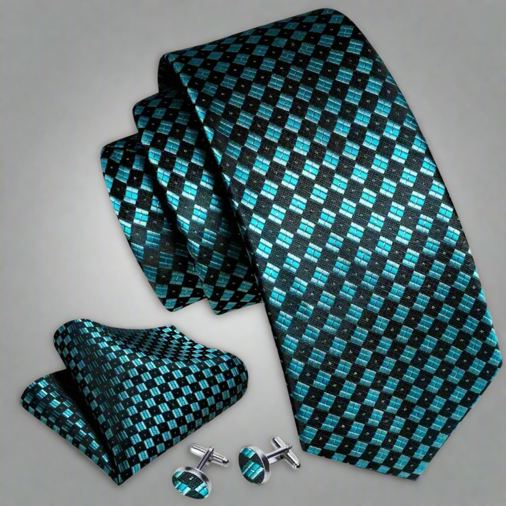 Blue Teal Silver Necktie Set