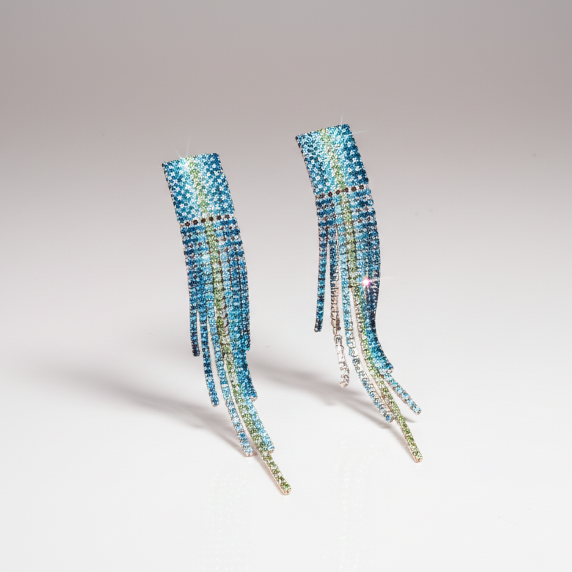 A pair of rhinestone tassel earrings with blue, green, and pink colors, approximately 3.86” long and 0.