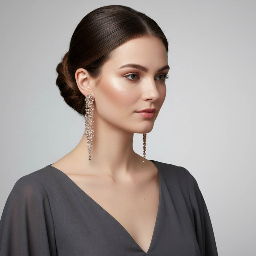 Woman wearing elegant earrings with a gray background
