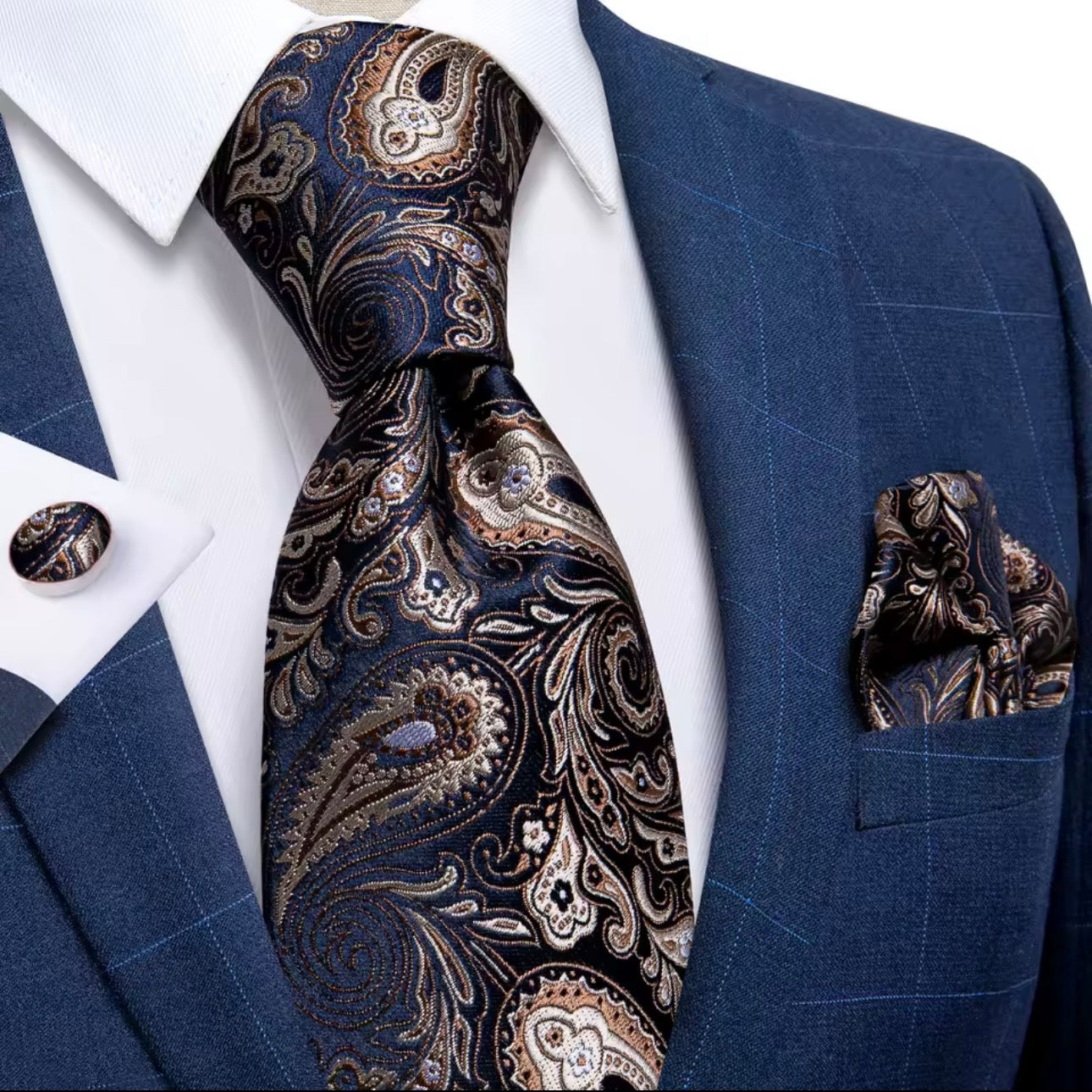 Navy & Champagne Paisley Necktie Set