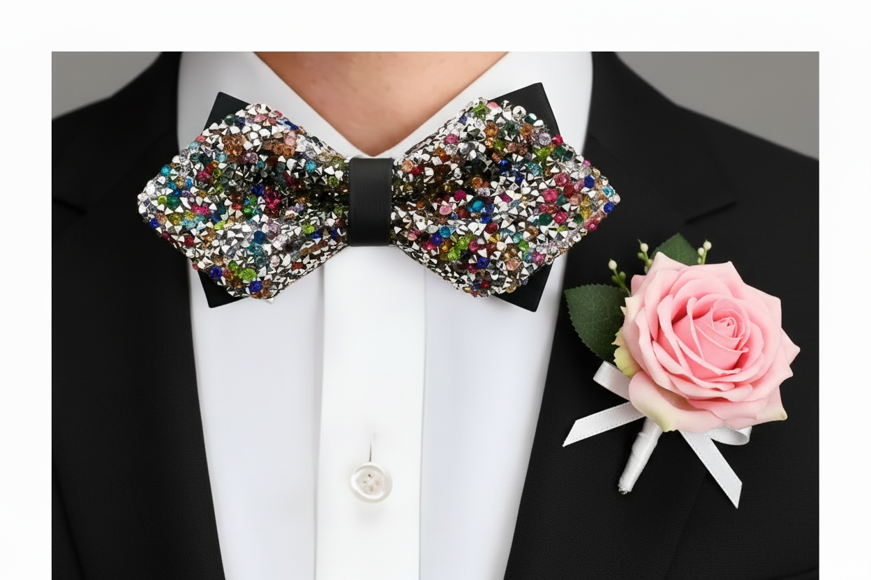 Person wearing a black suit with a colorful bow tie and pink rose boutonniere.