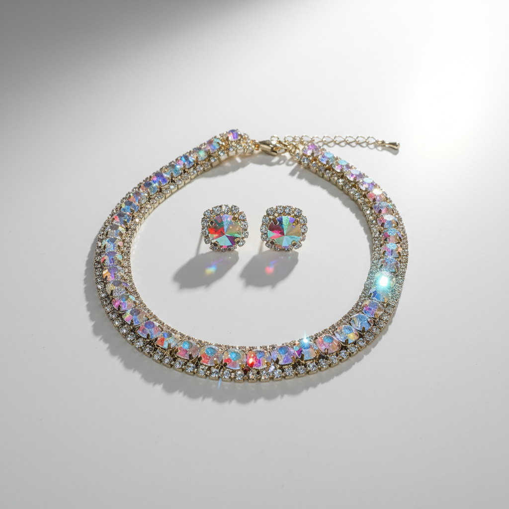 Jewelry set with necklace and earrings on a light gray background