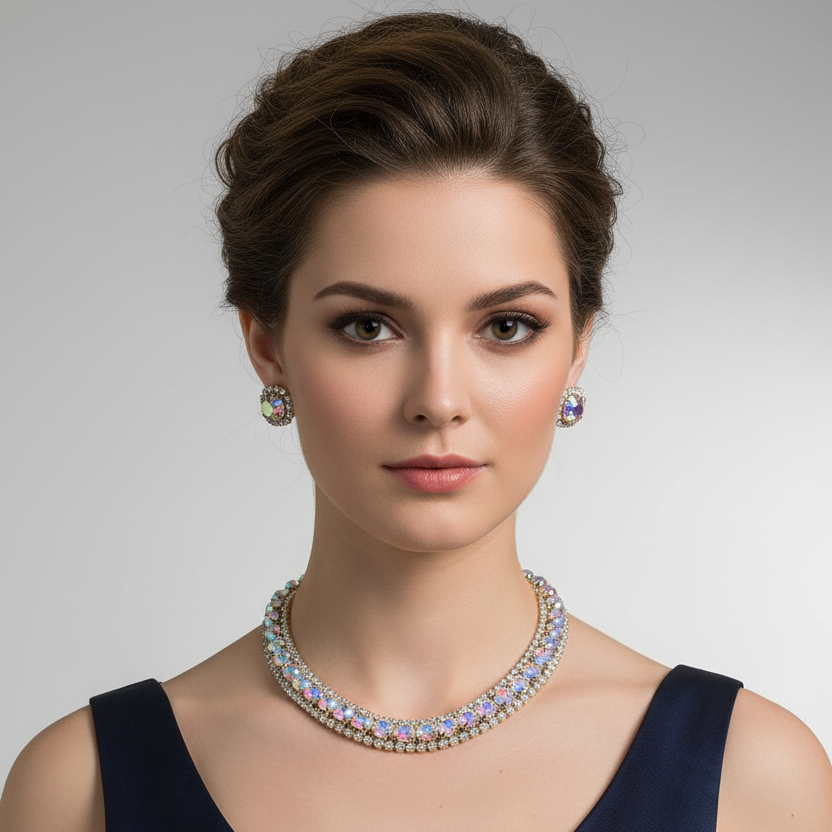 Woman wearing a navy blue dress with a necklace and earrings on a gray background