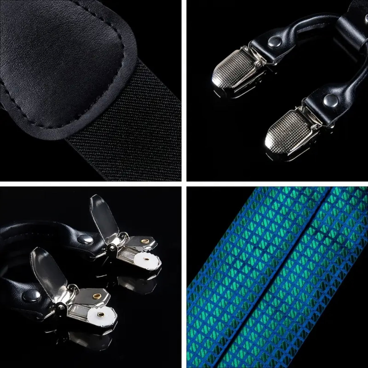 Green Blue Grid Suspenders Bowtie Set