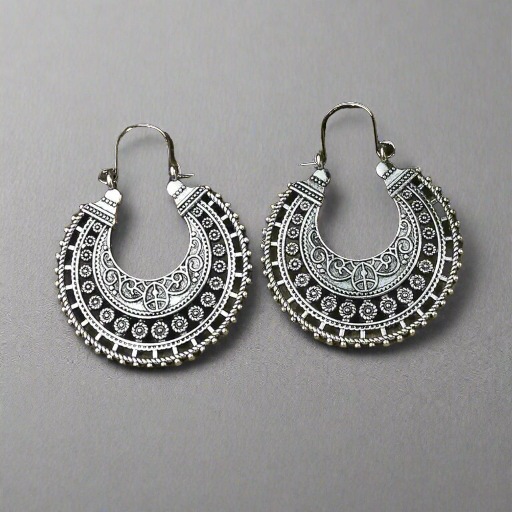 Boho Antique Silver Hoops