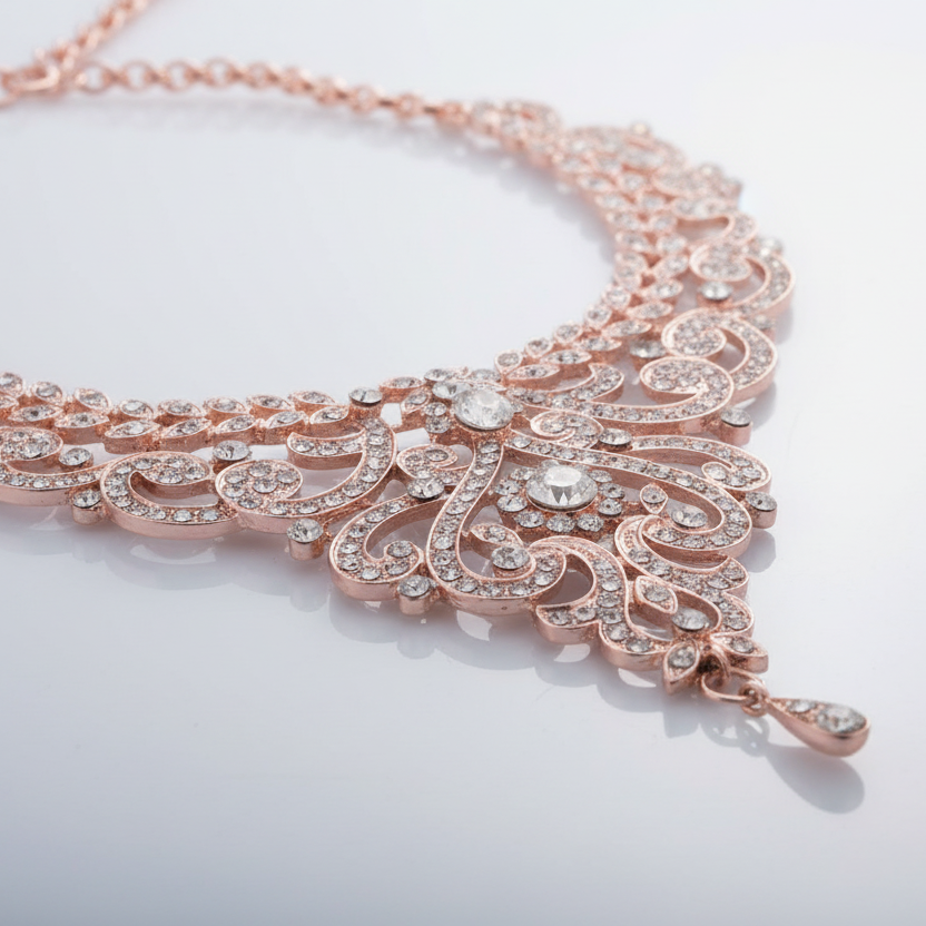 Rose gold necklace with intricate design on a light gray background