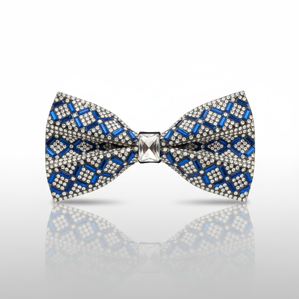 Bow tie with blue and silver pattern on a white background