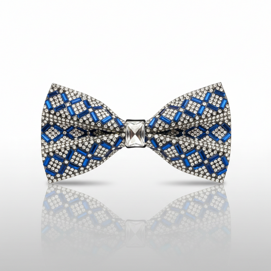 Bow tie with blue and silver pattern on a white background
