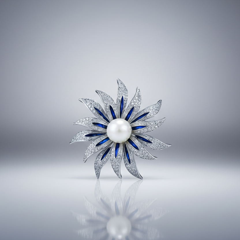 Decorative brooch with pearl and blue accents on a reflective surface