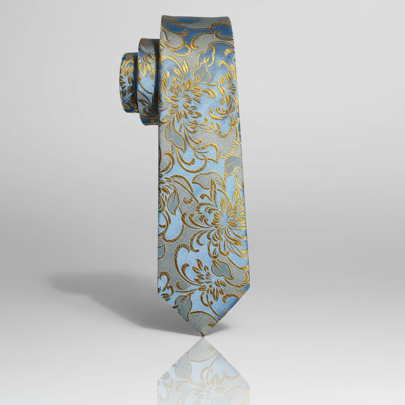 Cornflower Blue & Gold Floral Scroll Necktie Set