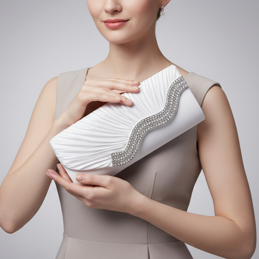 Woman holding a white clutch with silver and rhinestone embellishments against a neutral background