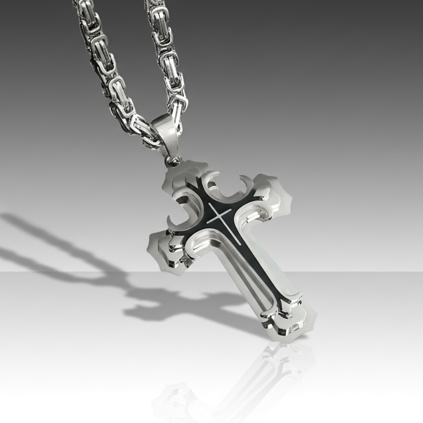 Silver Black Cross Steel Necklace