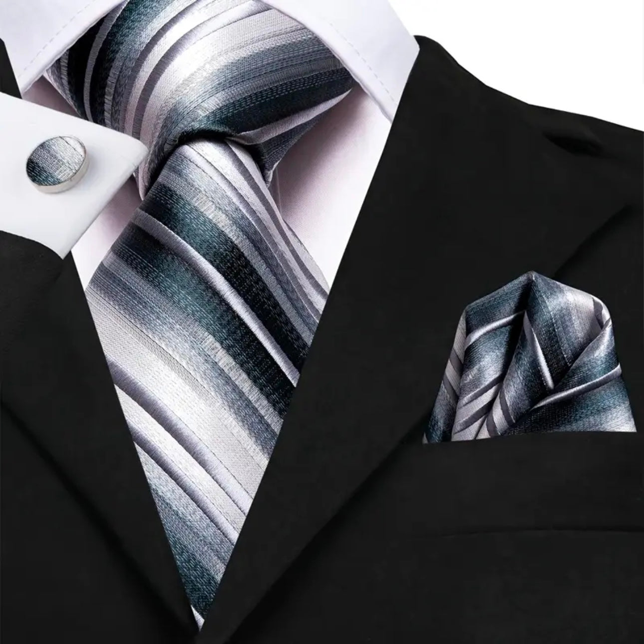 Silver Black Grey Stripe Necktie Set