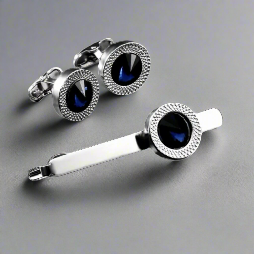 Blue Cufflinks Tie Clip Set