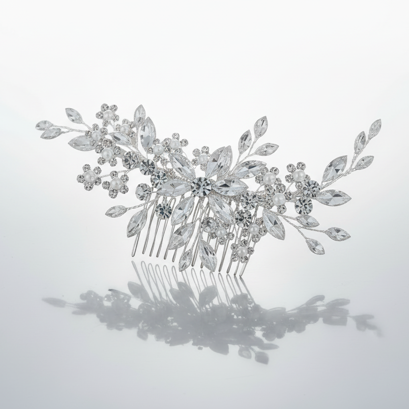 Silver hair comb with floral design on a light gray background